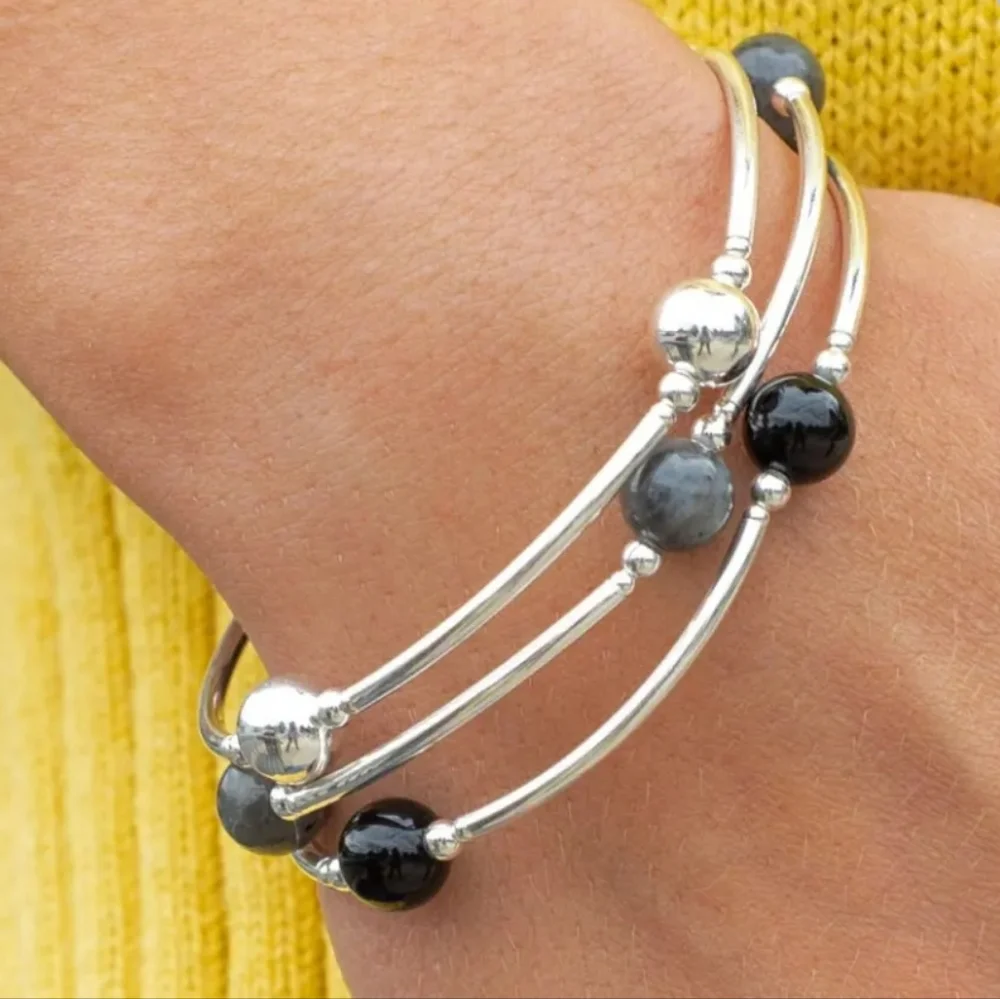 STERLING SILVER SMALLER BEAD BLACK ONYX BLESSING BRACELET.